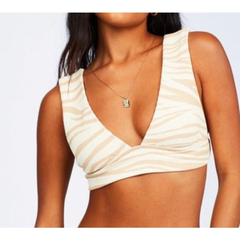 Billabong Wild Groove Plunge Bikini Top Animal Print Pullover Large 12 NEW